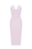 Pink BALYKINA ARIA midi dress displayed on a hanger, showcasing its flowing fabric and elegant design.