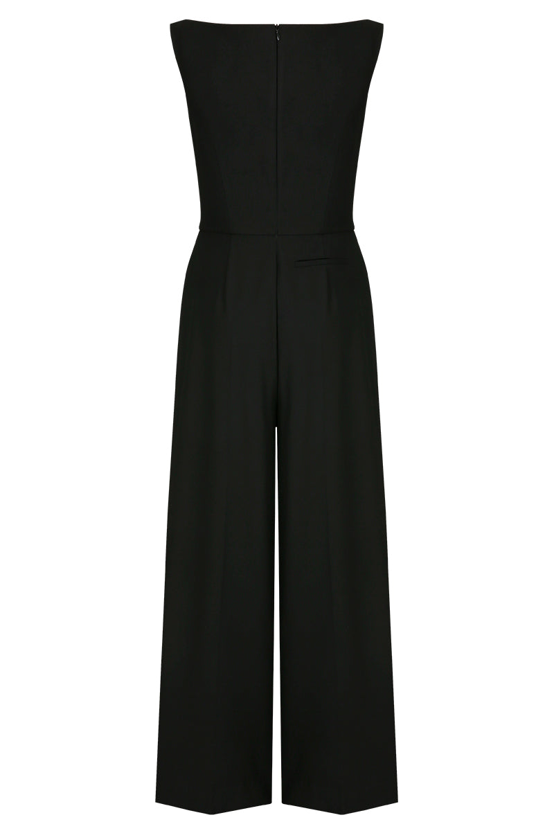 Black asymmetrical-beck sleeveless jumpsuit by JINSUN, featuring a stylish design and fitted silhouette, shown on a model.