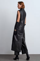 Black Mercury leather vest by Acaria Studio, showcasing a sleek, fitted design with detailed stitching and a smooth leather finish.