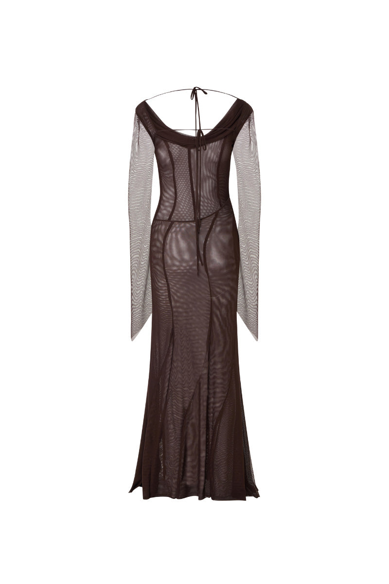 Brown mesh maxi dress by Suncillo featuring a flowing silhouette and breathable fabric, perfect for casual or semi-formal wear.
