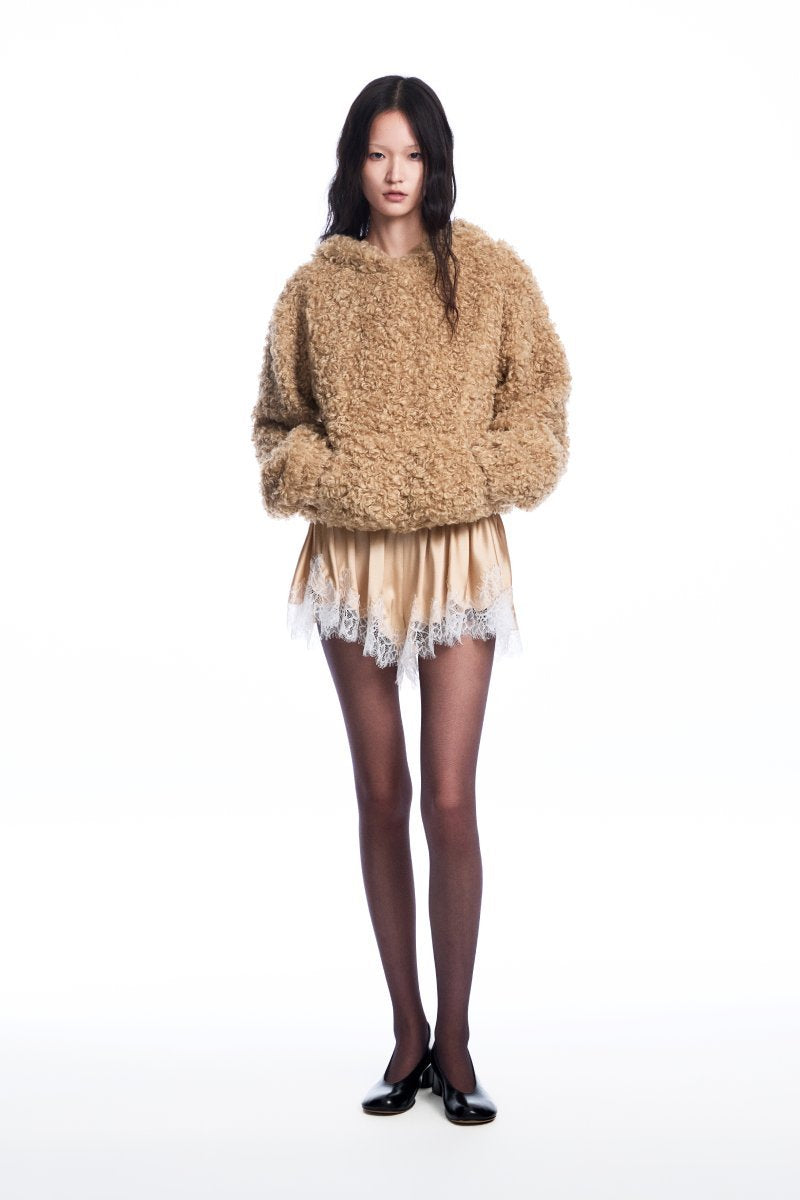 Chictopia tan teddy hoodie sweater with a cozy, plush fabric, featuring a hood and relaxed fit for casual comfort.