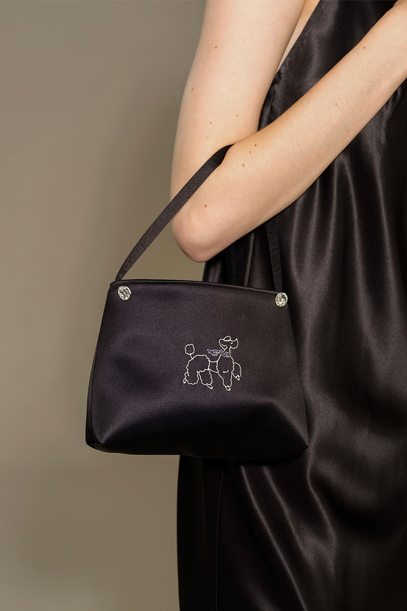 DIAMOND POODLES SILK HANDBAG IN BLACK - CULT MIA