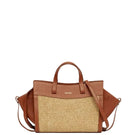 Saonara mini shopping bag with raffia and caramel leather shoulder bag, featuring a compact design and stylish craftsmanship.