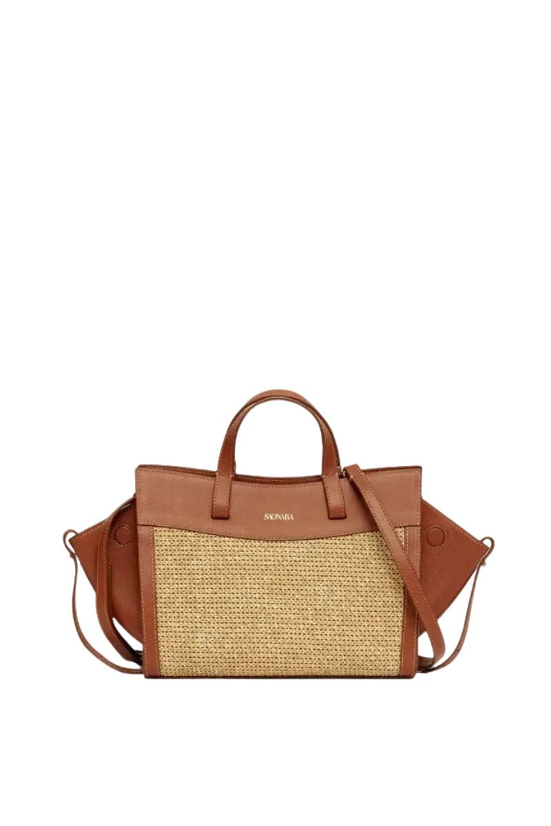 Saonara mini shopping bag with raffia and caramel leather shoulder bag, featuring a compact design and woven texture.