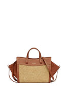 Saonara mini shopping bag with raffia and caramel leather shoulder bag, featuring a compact design and stylish craftsmanship.