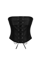 Black satin Bridget corset top by Nazlı Ceren featuring structured design and lace-up details, ideal for stylish evening wear.