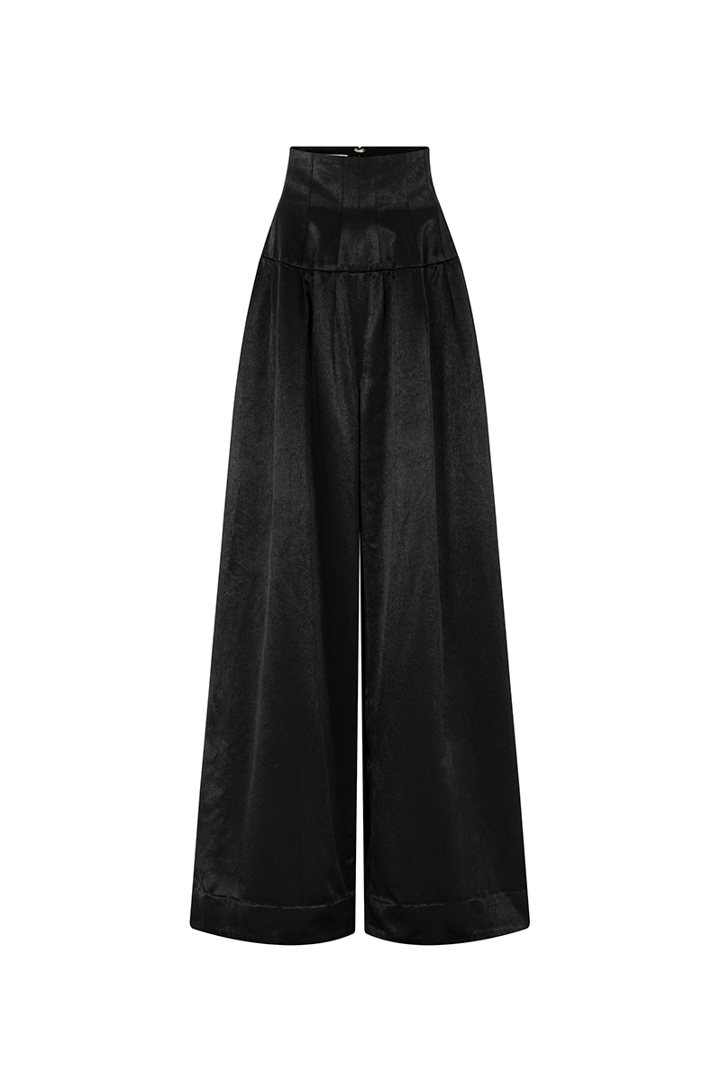Black POEM AETHER trousers, stylish men's pants with a sleek fit, shown on a model against a neutral background.