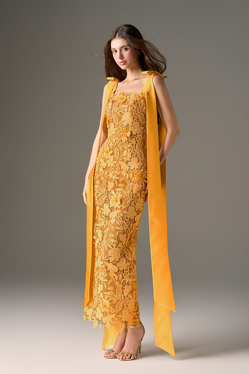 I.H.F Studio CULT MIA X floral garden orange lace maxi dress with a fitted column silhouette and elegant design.