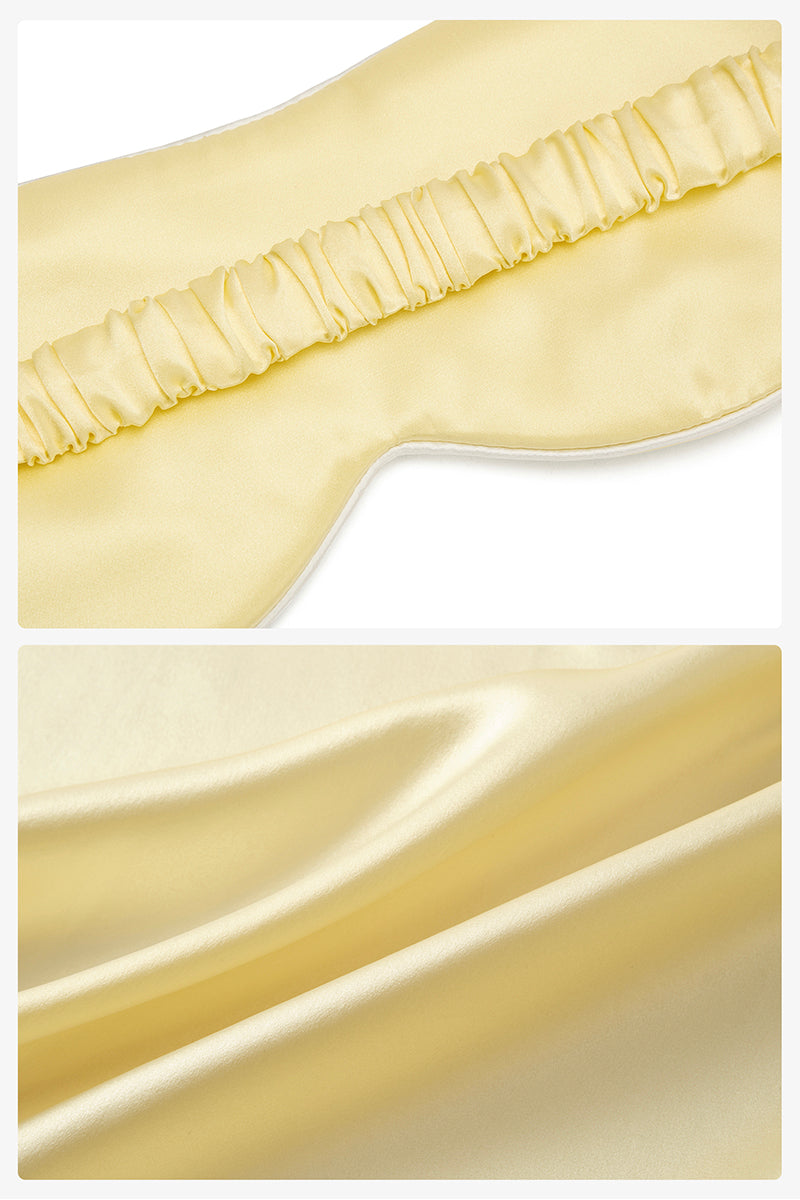 Soft butter yellow silk eye mask from Not Just Pajama, perfect for luxurious loungewear and relaxing sleep.