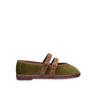 Flabelus Claire mustard green flats with light brown piping, stylish slip-on shoes for casual and dressy occasions.
