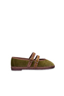 Flabelus Claire mustard green flats with light brown piping, stylish slip-on shoes for casual and dressy occasions.
