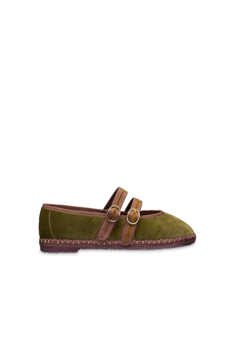 Flabelus Claire mustard green flats with light brown piping, stylish slip-on shoes for casual and dressy occasions.