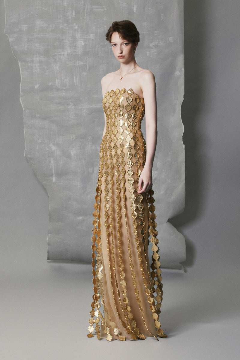LONG BODYCON DRESS IN GOLD | Phan Huy