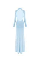 Nazlı Ceren Sienna long jersey gown in baby blue, flowing fabric with a relaxed fit and elegant neckline.