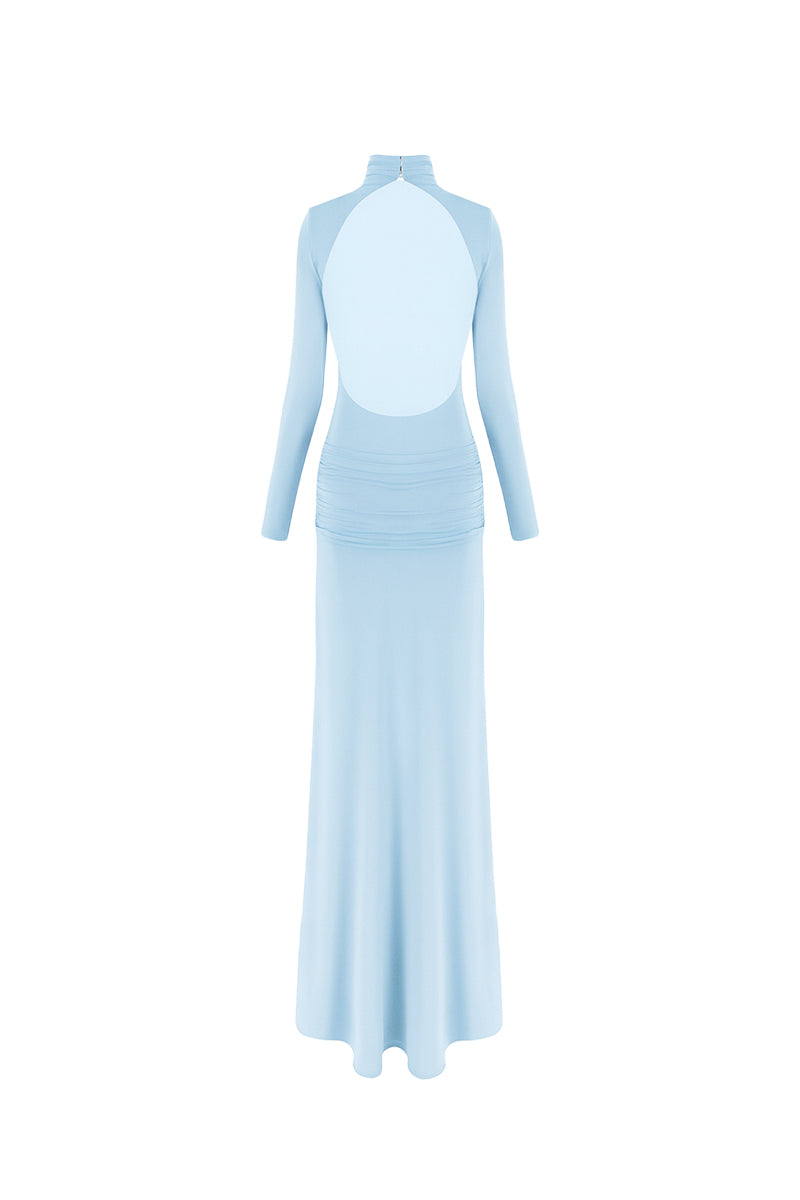 Nazlı Ceren Sienna long jersey gown in baby blue, flowing fabric with a relaxed fit and elegant neckline.