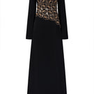 Black velvet satin boat neck gown by Lune De Soie, featuring a smooth fabric and elegant boat neckline.