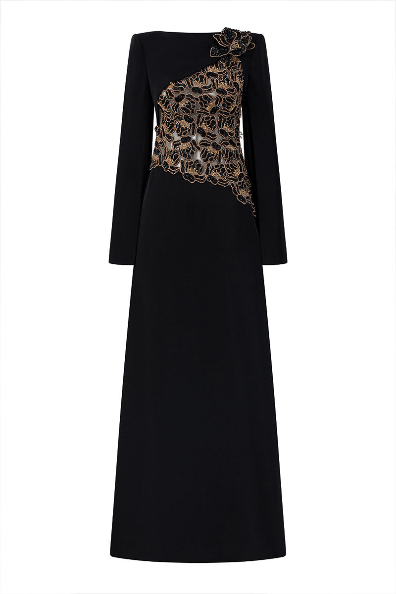 long sleeve boat neck black dress VELVET SATIN IN | CULT MIA Color:Ocean Blue* Plus Size Rosette Charm lace detailing and a ASM