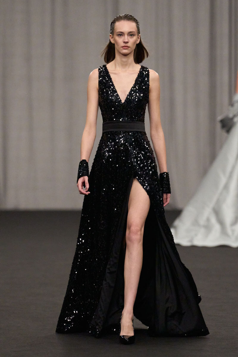 Lili Blanc glamorous sleeveless sequin gown with a fitted silhouette and intricate sequin detailing, perfect for formal events.