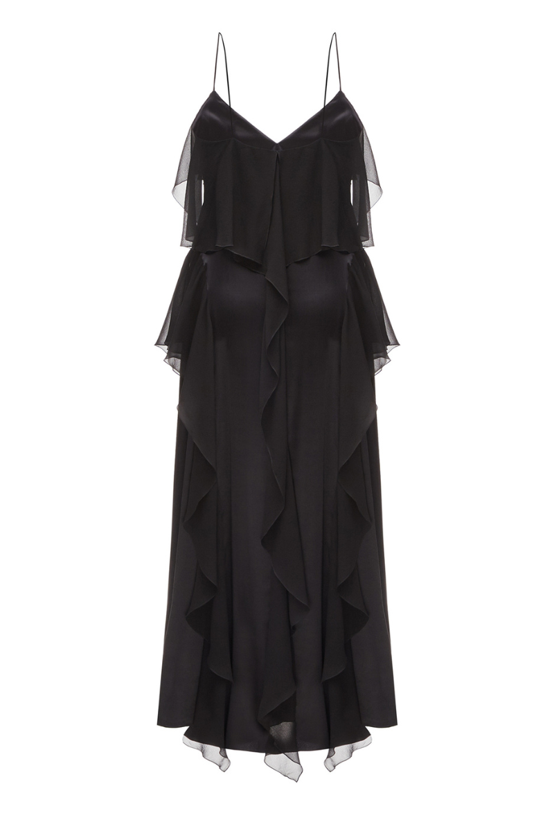 BLACK MIDI DRESS WITH SHIFFON RUFFLE DETAILS - CULT MIA