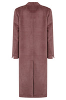 Pink oversized Suri alpaca coat by JINSUN displayed on a hanger, showcasing its plush texture and relaxed fit.