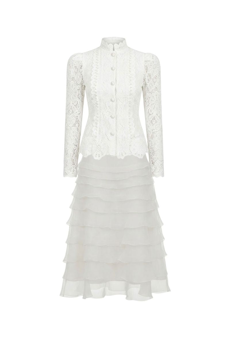 White Plan vintage lace co-ords set with layered lace details, featuring a stylish matching top and bottom ensemble.