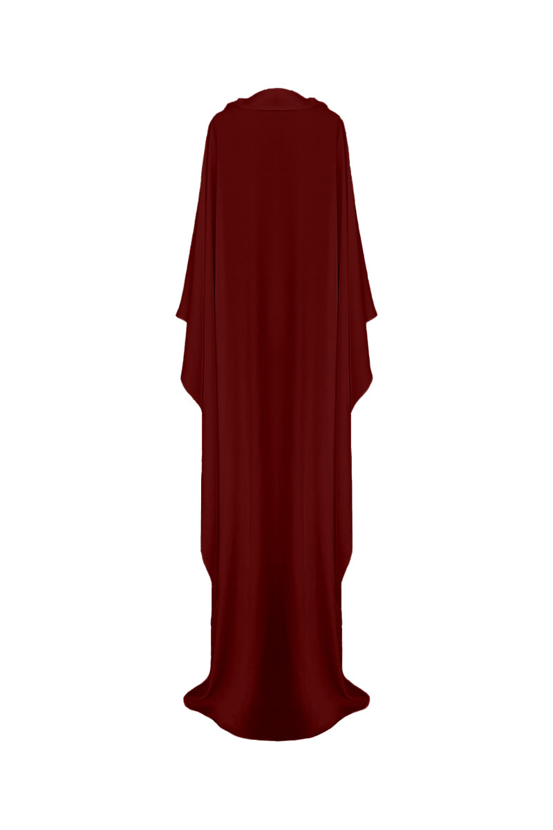 Nazlı Ceren Caro Crepe Cape in Bordeaux, stylish jacket with a flowing design, showcasing its elegant fabric and deep Bordeaux color.