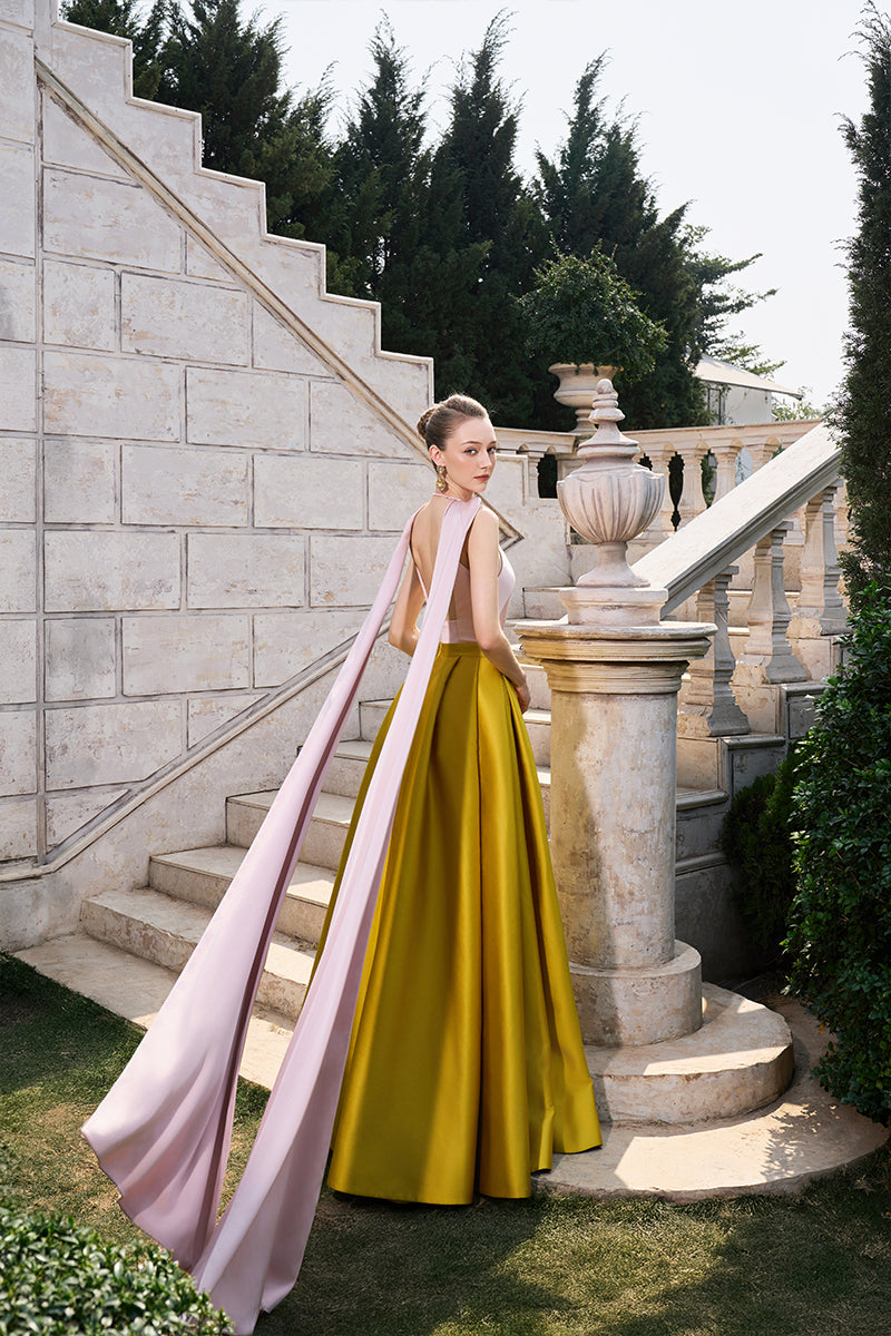 Pink and yellow bamboo taffeta gown by Tracy Studio, featuring a flowing, elegant design perfect for formal occasions.