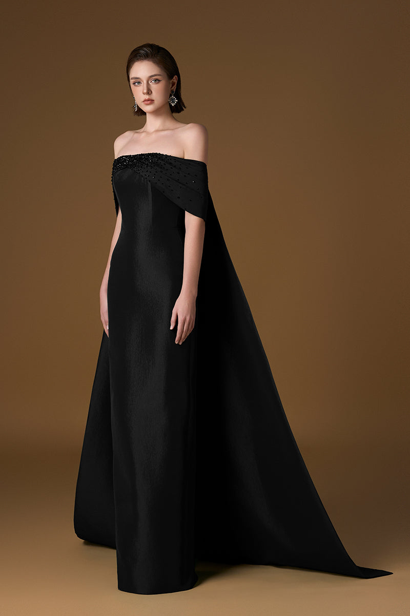 Black strapless taffeta silk-lined gown by I.H.F, featuring a flowing silhouette and elegant design, displayed on a mannequin.