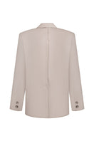 Elenareva taupe wool tailored jacket displayed on a hanger, showing its sleek design and classic fit.