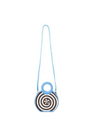 Adriana Castro Zenú mini raffia and leather top handle bag in baby blue with woven raffia details and leather accents.