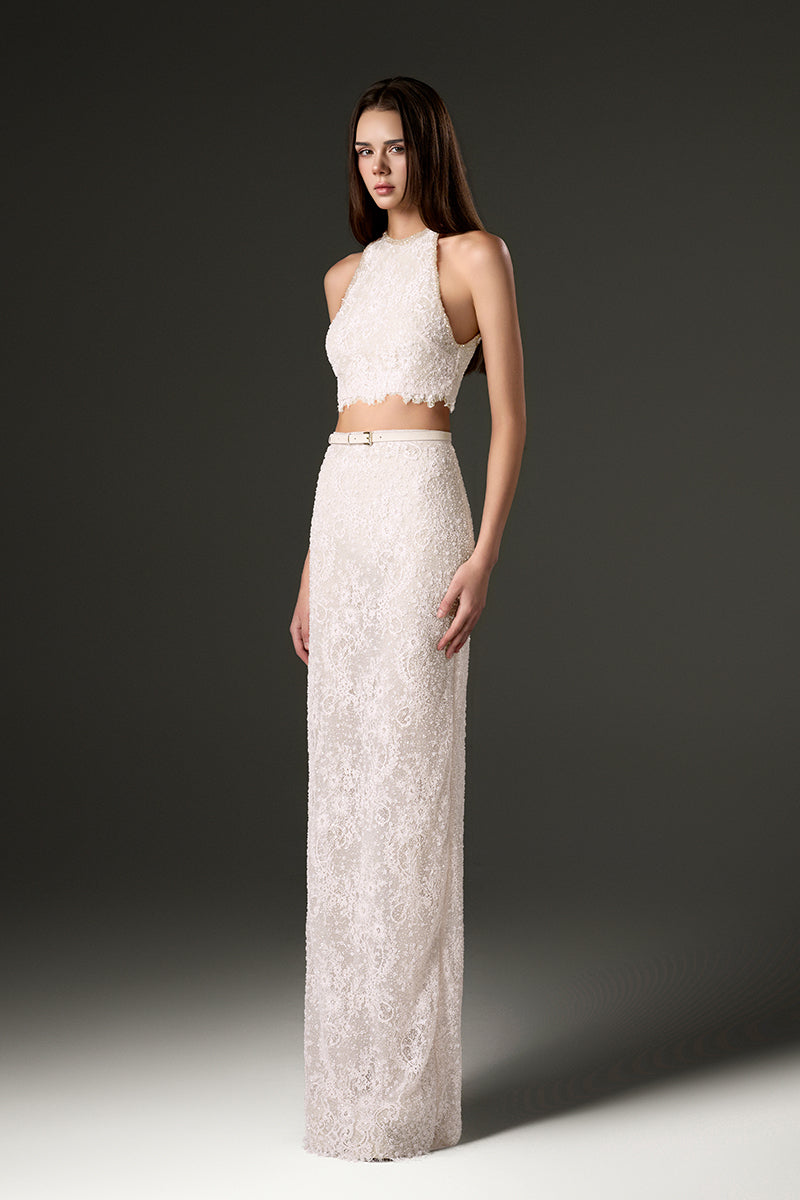 White halter mesh lace top and skirt co-ords set by I.H.F Studio, featuring intricate lace details and a stylish matching design.