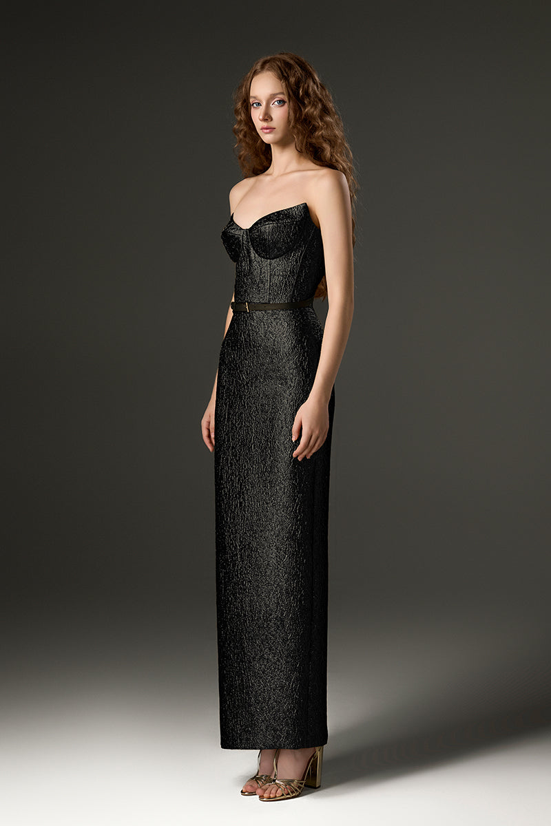 Black Lotus Jacquard Column Maxi Dress by I.H.F Studio, featuring a fitted silhouette and intricate jacquard pattern.
