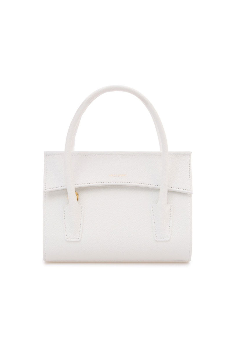 White CELINE mini top handle bag by VIKELE STUDIO with sleek design and compact size, perfect for stylish everyday use.