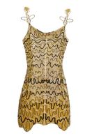 Onalaja Honey Mini Dress, sleeveless summer dress with a fitted bodice and flared skirt, in a honey-colored fabric.