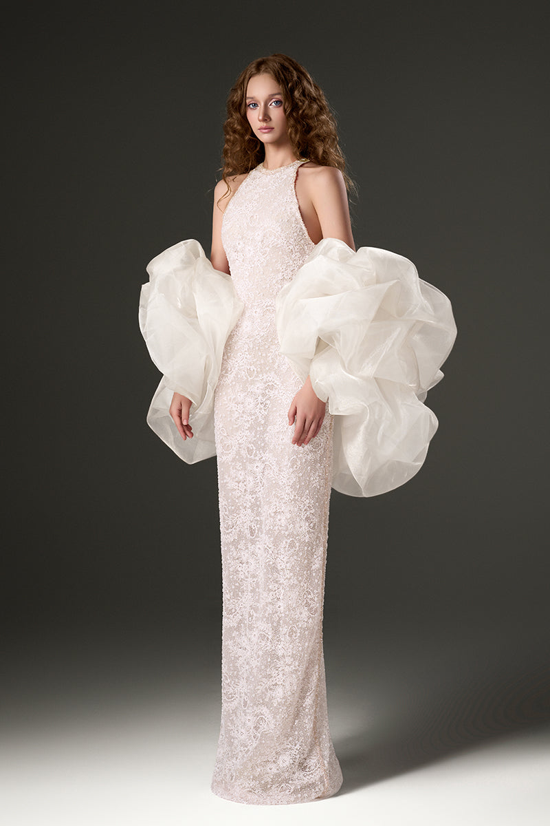 white halter flowy dress Lady Black Tie - Tara Gown - Off-white Flowy Chiffon Halter Dress