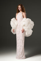 White halter mesh lace gown by I.H.F Studio featuring intricate lace details and a flowing design.