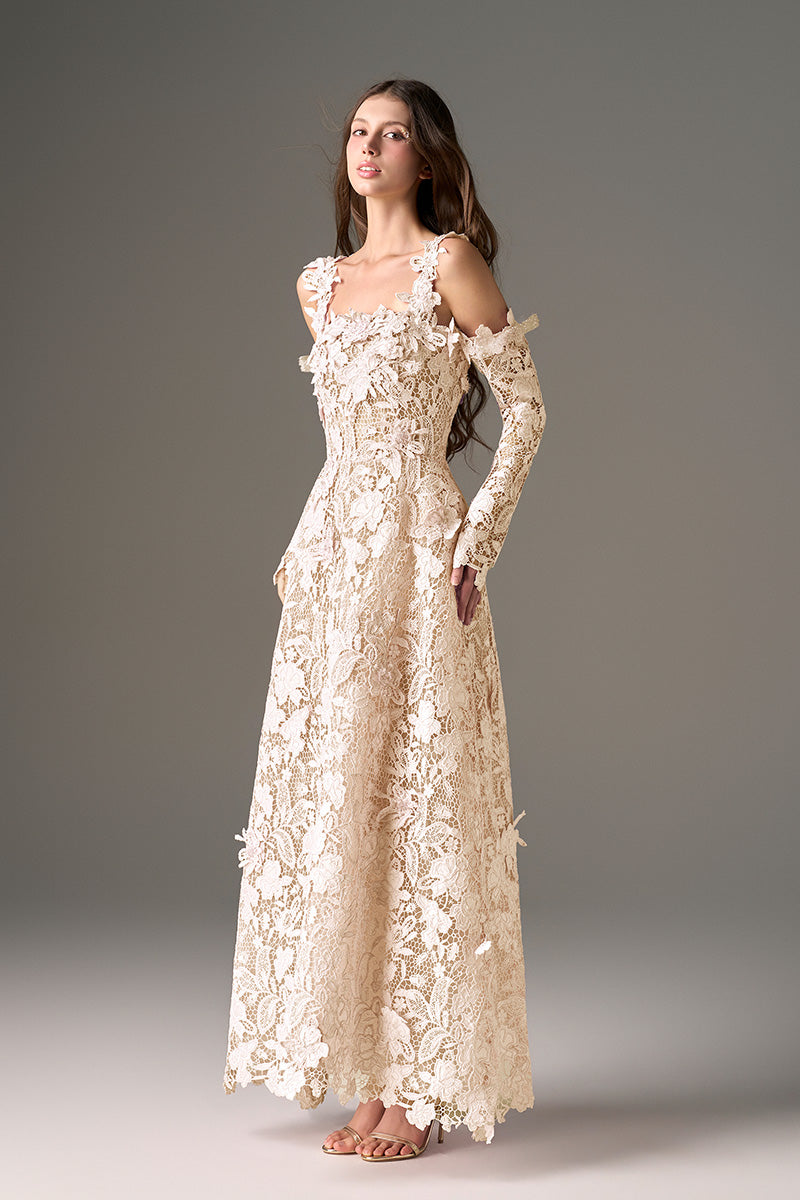 I.H.F Studio CULT MIA X floral garden ivory lace maxi dress with A-line silhouette and elegant design.