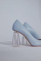 Blue Fiorellini glass pump heels by House of Atana, featuring transparent heel design and elegant styling.