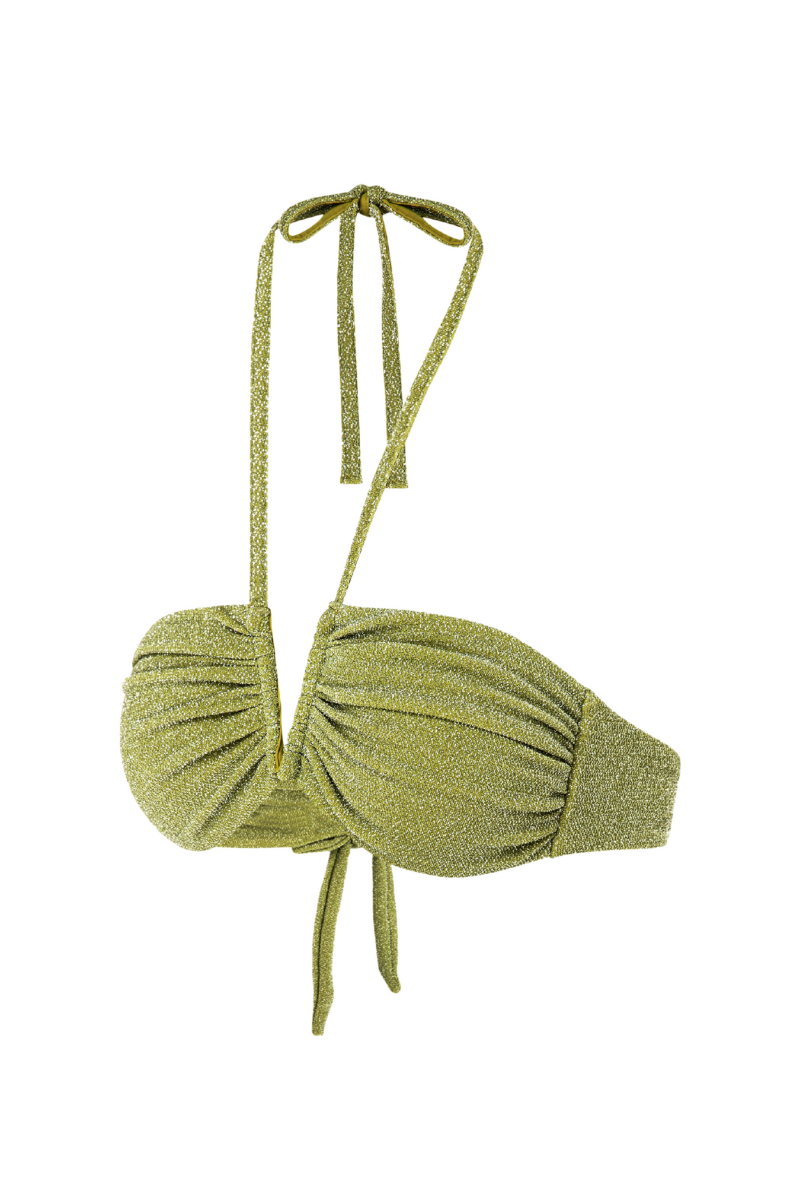 Suncillo Virna sparkly lime green bikini top with shimmering fabric and adjustable straps, perfect for summer beachwear.