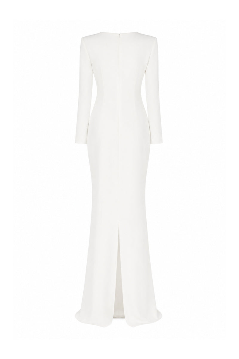 Lili Blanc asymmetric maxi dress in flowing fabric with a unique hemline, showcased on a model.