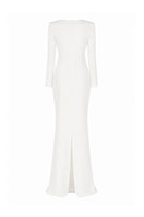 Lili Blanc asymmetric maxi dress in flowing fabric with a unique hemline, showcased on a model.