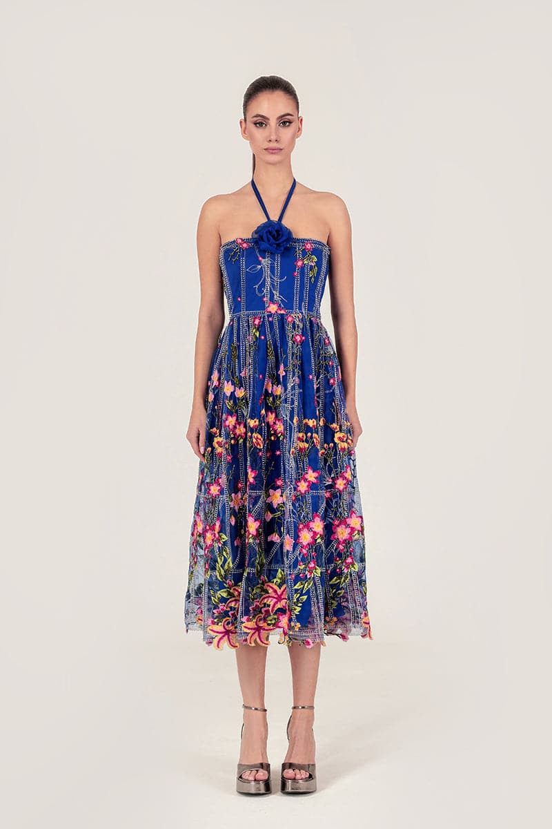 FLORAL EMBROIDERED TULLE MIDI DRESS - CULT MIA