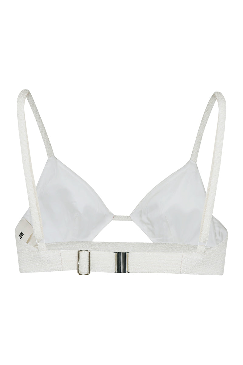 JINSUN Pappus Applique Tweed Ivory Bra Top, close-up showing textured tweed fabric and delicate design details.