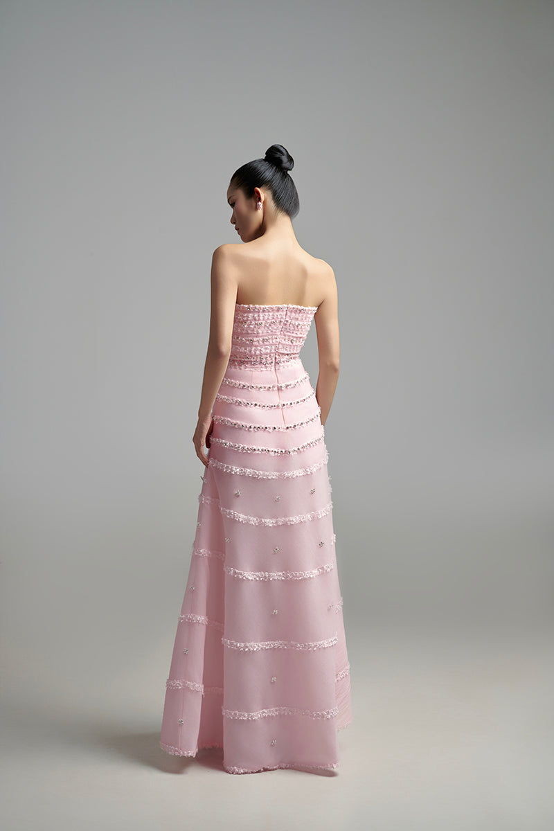 STRAPLESS A-LINE MAXI DRESS WITH CRYSTAL DETAILS - CULT MIA