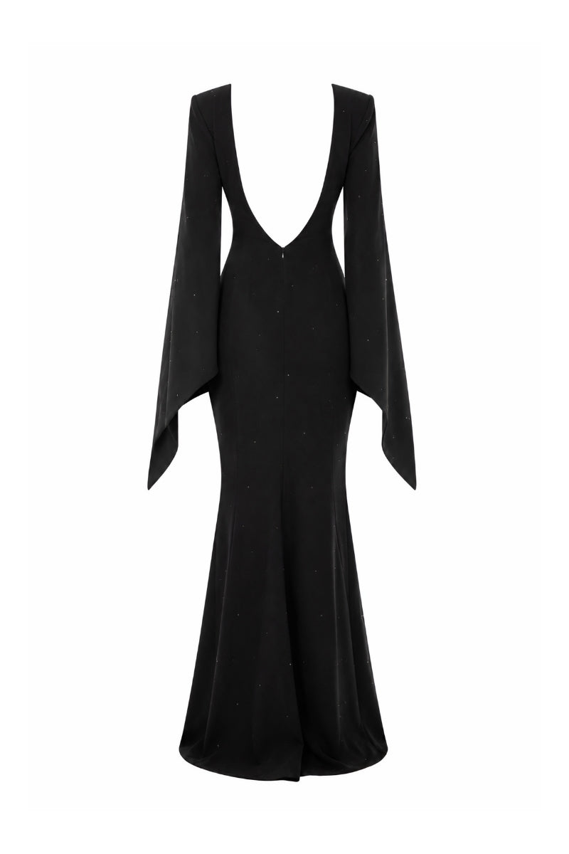 Lili Blanc black Ember gown displayed on a mannequin, featuring elegant fabric and stylish design for formal occasions.