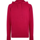 La Granni burgundy knitted roll neck hoodie sweater with a cozy, textured knit and relaxed fit, displayed on a hanger.