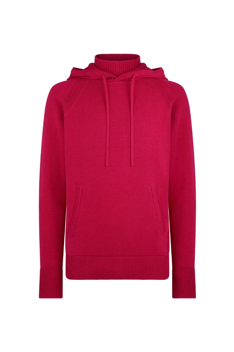 La Granni burgundy knitted roll neck hoodie sweater with a cozy, textured knit and relaxed fit, displayed on a hanger.