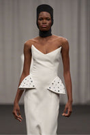 Lili Blanc strapless structured gown, elegant evening dress with a fitted bodice and flowing skirt, perfect for formal occasions.
