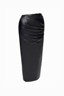 Black leather midi skirt by BALYKINA, featuring a sleek, fitted design and smooth leather texture.