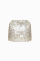 White sequin mini skirt by Balykina featuring a fitted silhouette and shimmering sequin details for a stylish look.
